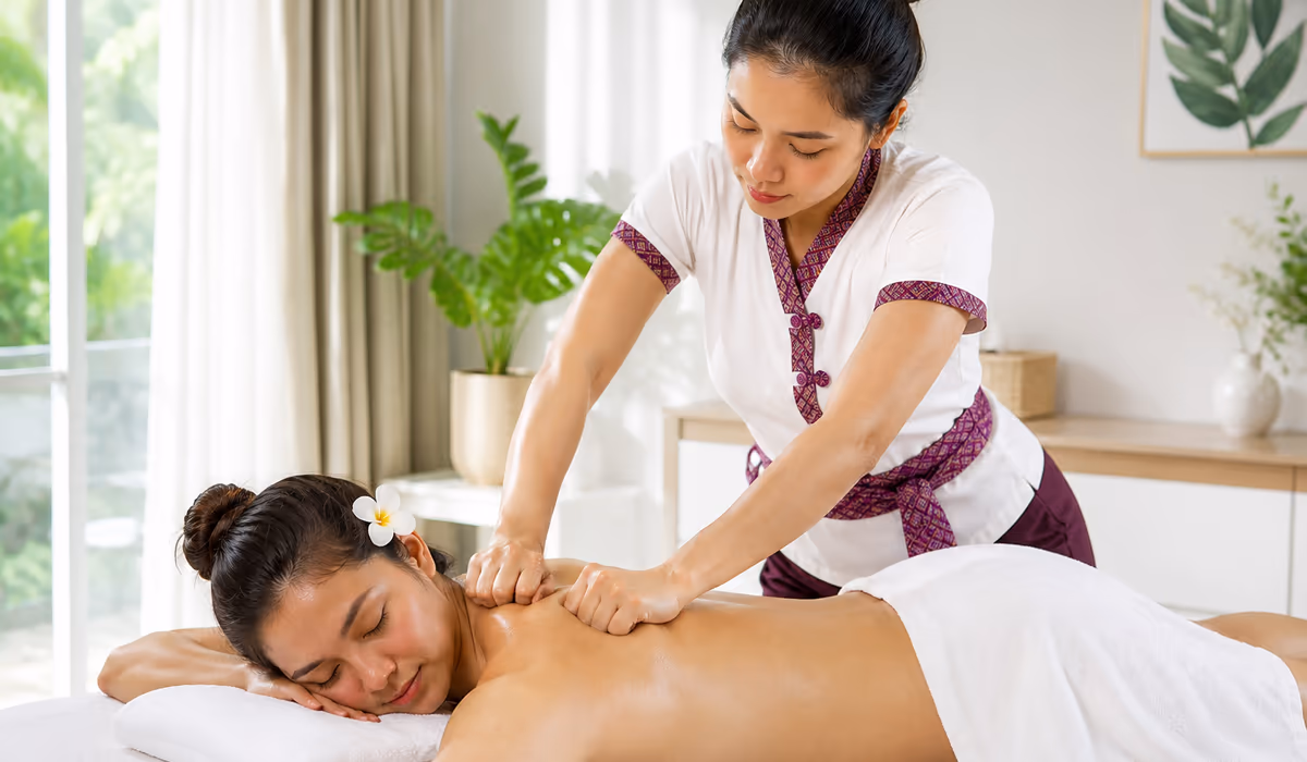 A therapist applying firm pressure to a client's upper back, illustrating the choice between deep tissue and relaxation massage