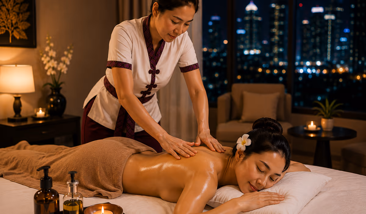 A therapist giving an oil massage to the back of a client lying face down, illustrating massage for back pain at home