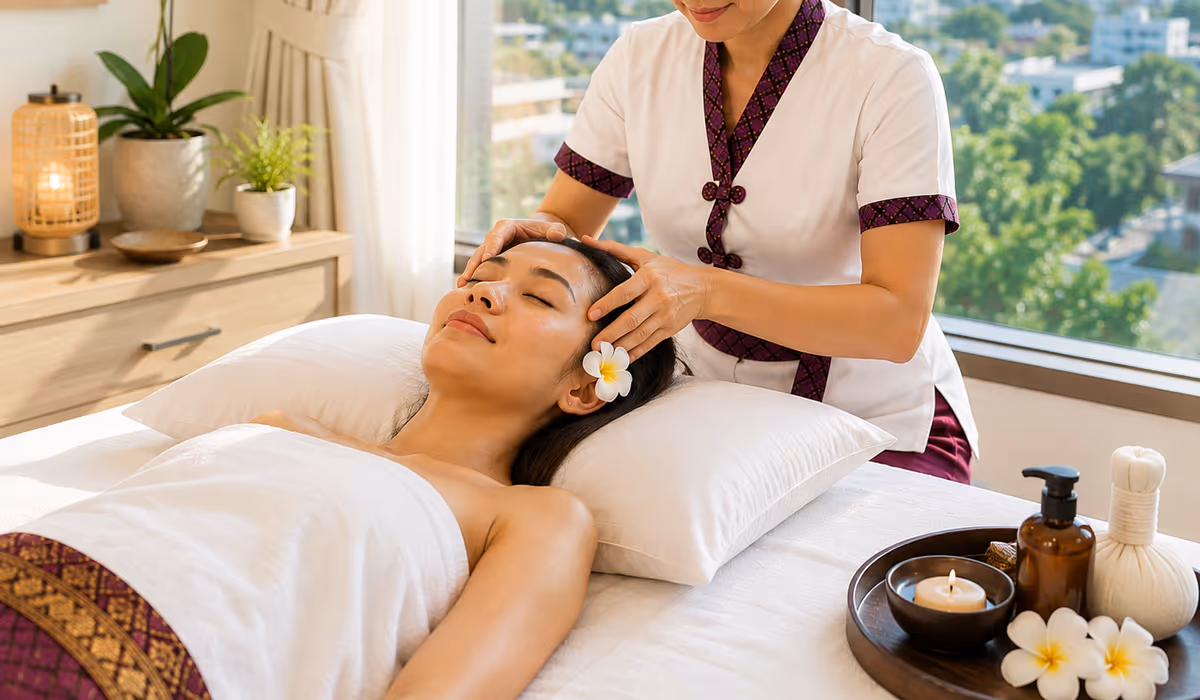 A therapist gently massaging a person's temples and head, illustrating massage for tension headaches and screen strain