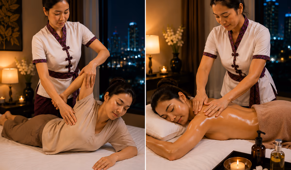 Side by side comparison of a clothed Thai stretching massage and an oiled back massage, showing how to pick Thai or oil massage for relaxing