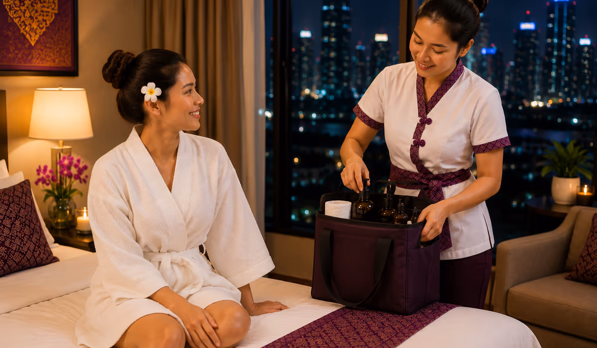A therapist packing away massage oils while a relaxed client sits in a robe after a home massage in a Bangkok condo