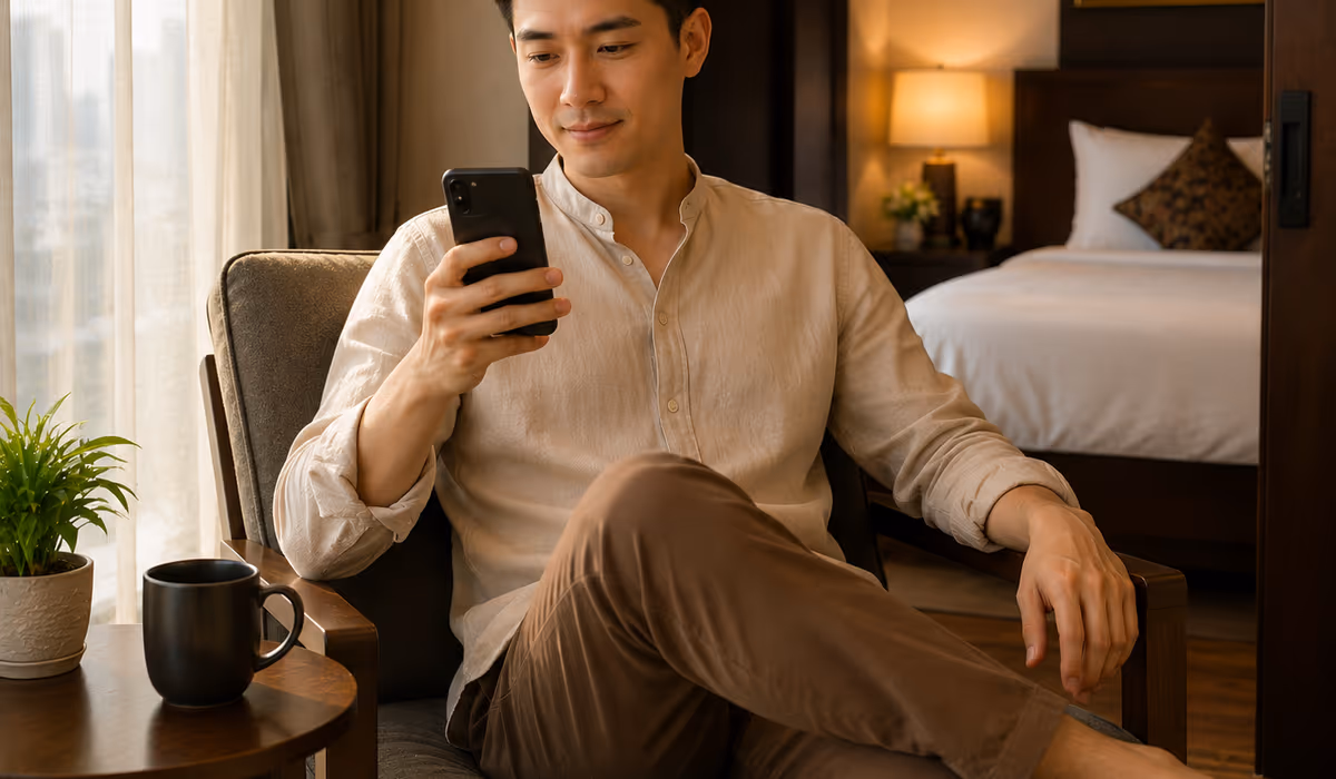 A person relaxing with a glass of water and comfortable clothes, illustrating what to do before a massage