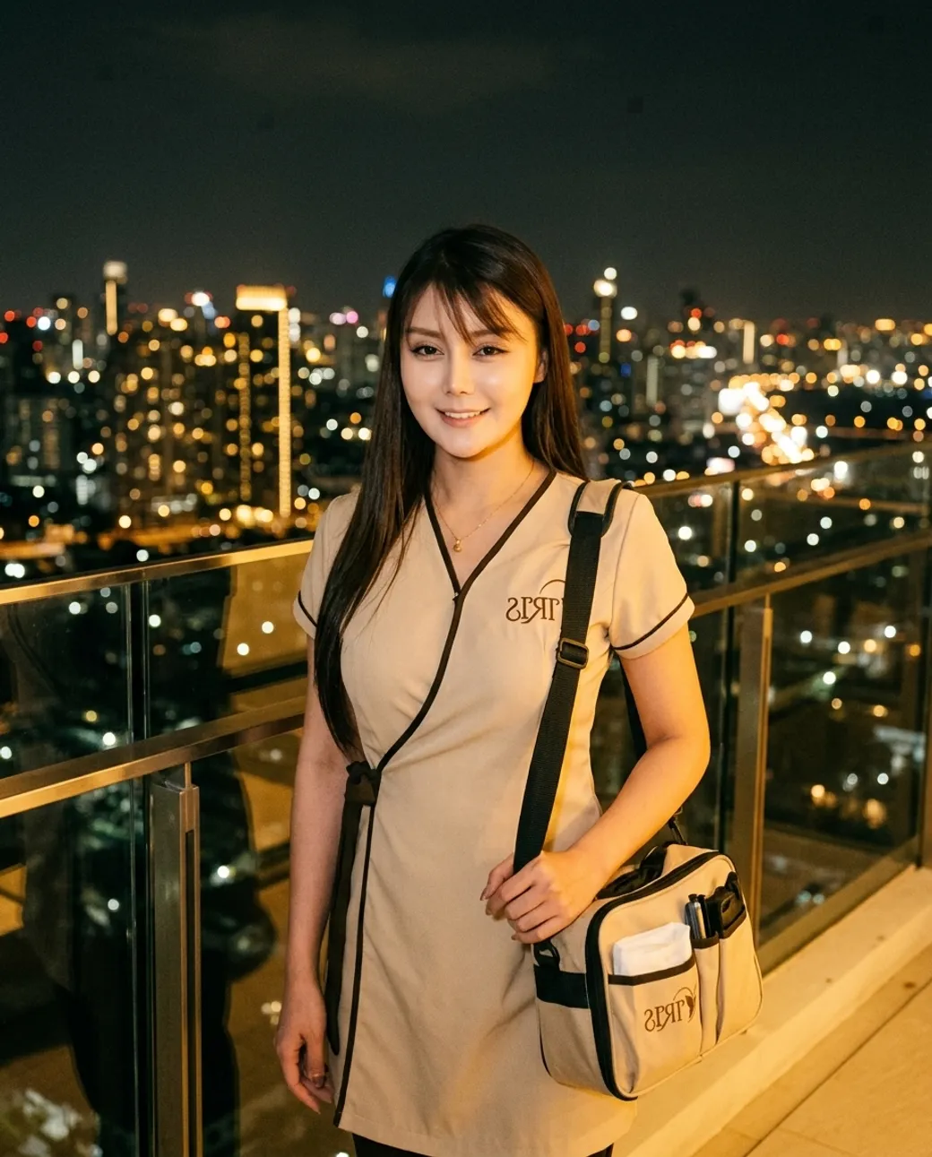 A licensed Iris home massage therapist with the Bangkok skyline at night