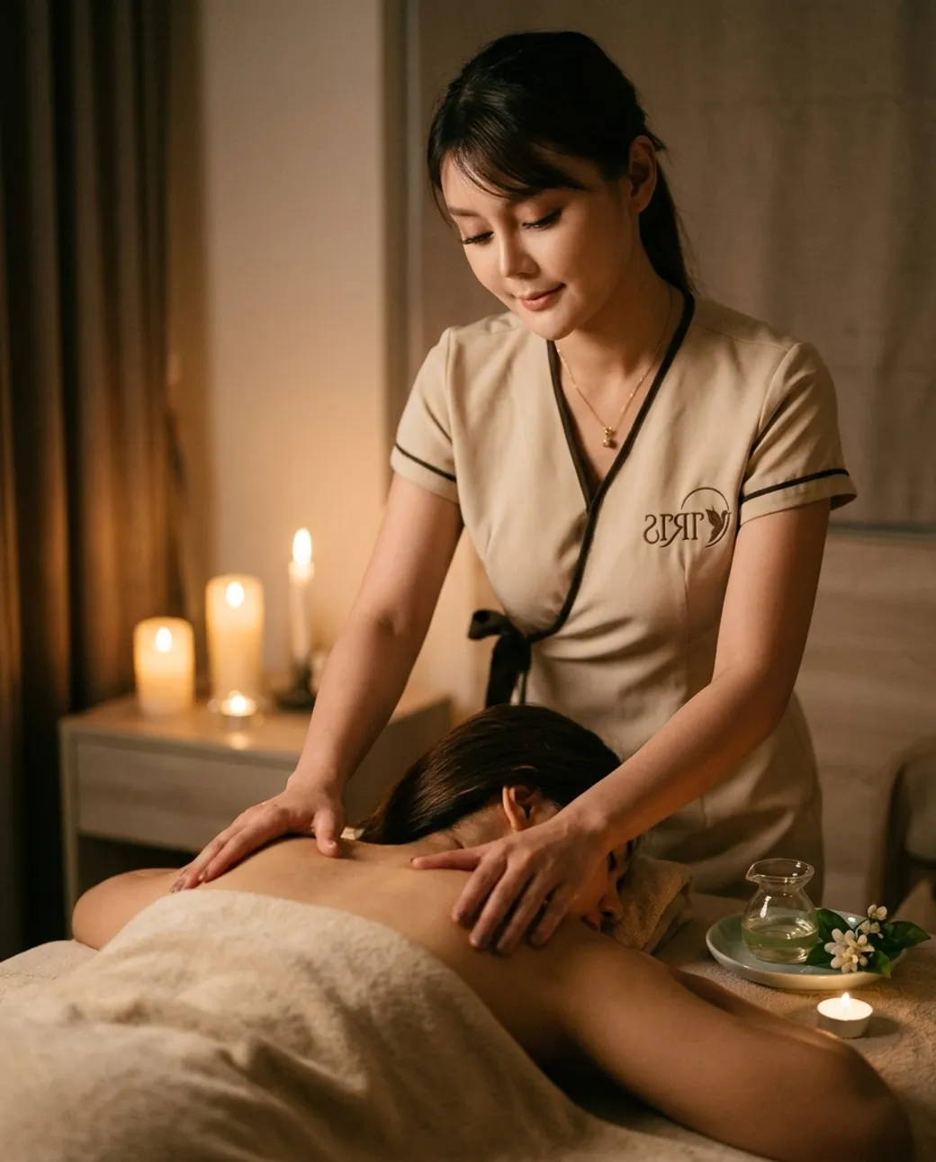 An Iris therapist giving an aromatherapy massage by candlelight in a warm Bangkok bedroom at night