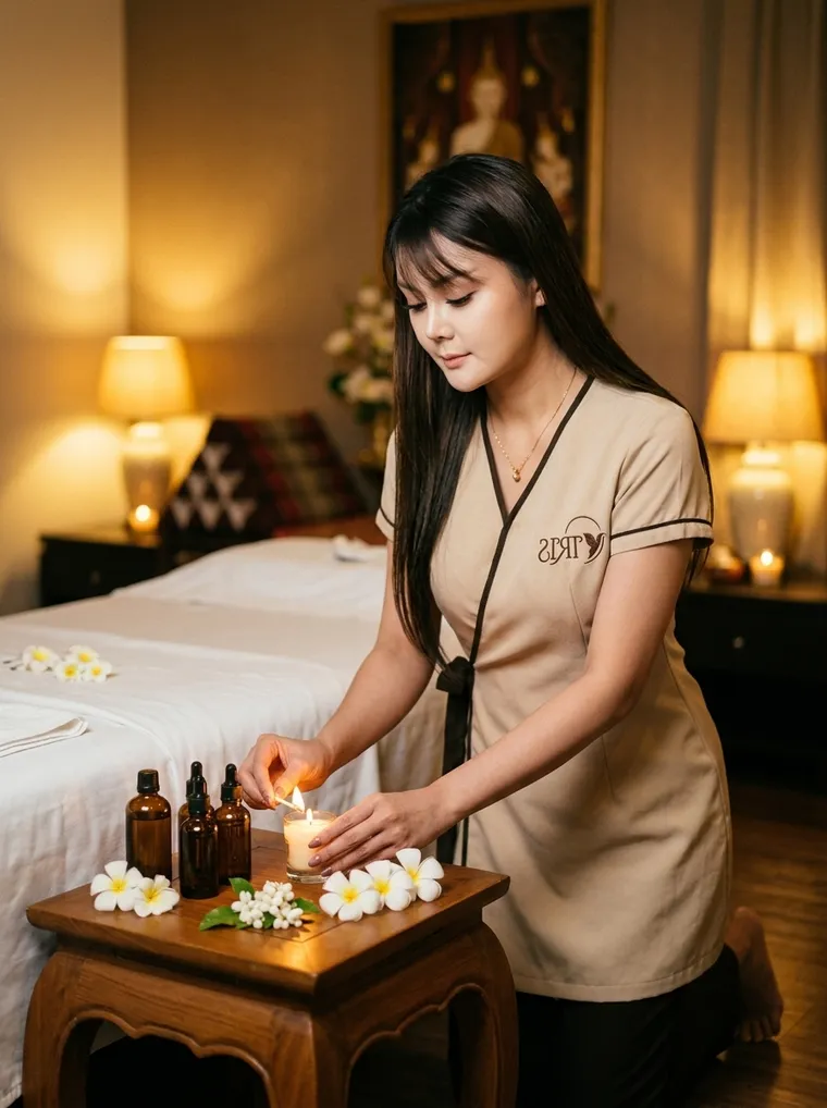 An Iris therapist preparing essential oils and a candle for a home aromatherapy massage in Bangkok