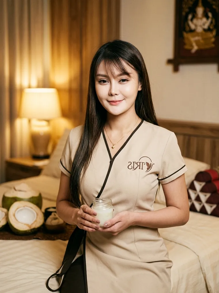 August, a licensed Iris home massage therapist, with coconut oil in a warm Bangkok bedroom