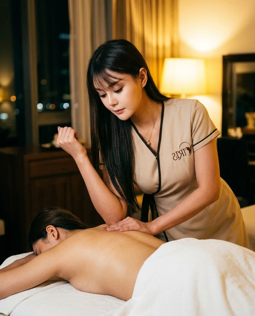 An Iris therapist giving a firm deep tissue massage at home in a warm Bangkok bedroom at night