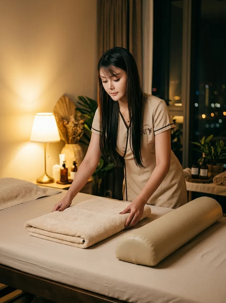 An Iris therapist preparing a firm setup for a home deep tissue massage in Bangkok