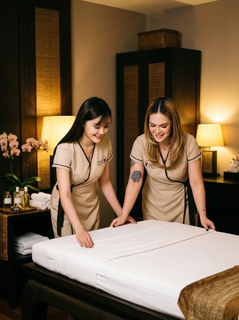 Two Iris therapists preparing a warm Bangkok bedroom for a home four hands massage