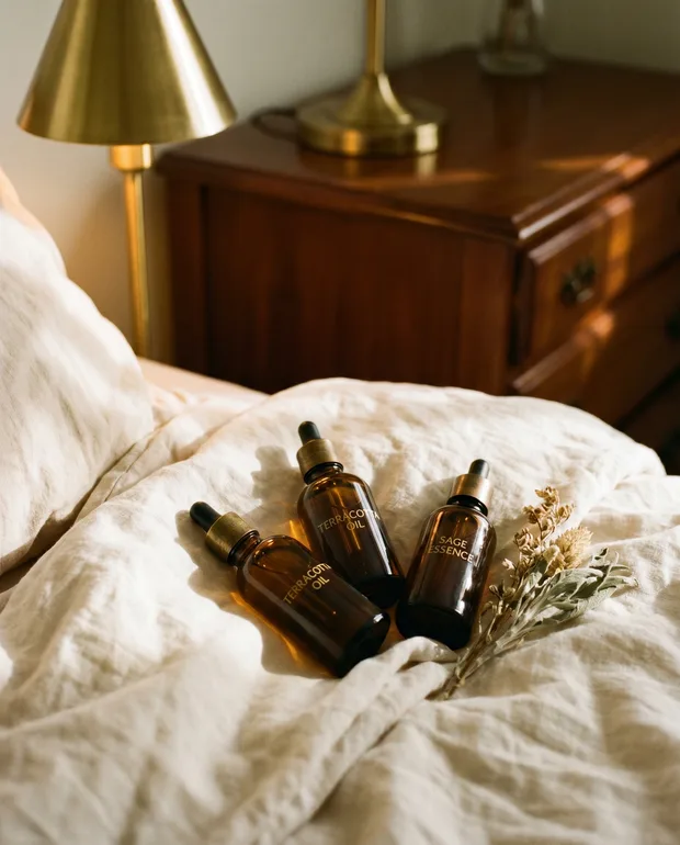 Amber massage-oil bottles on cream linen in warm lamplight