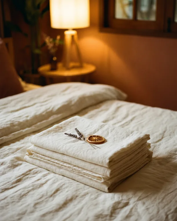 A folded stack of fresh cream linen sheets resting on a bed in warm lamplight