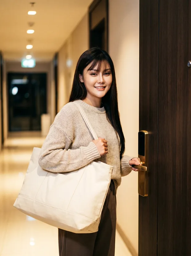 An Iris therapist arriving in casual clothes at a Bangkok condo door at night, a plain neutral bag with her kit over her shoulder