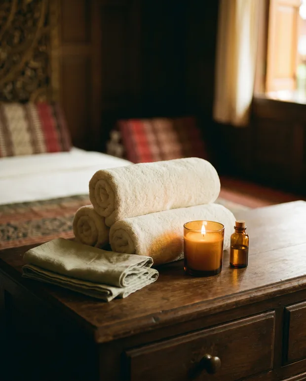 Rolled cream towels beside a small lit candle