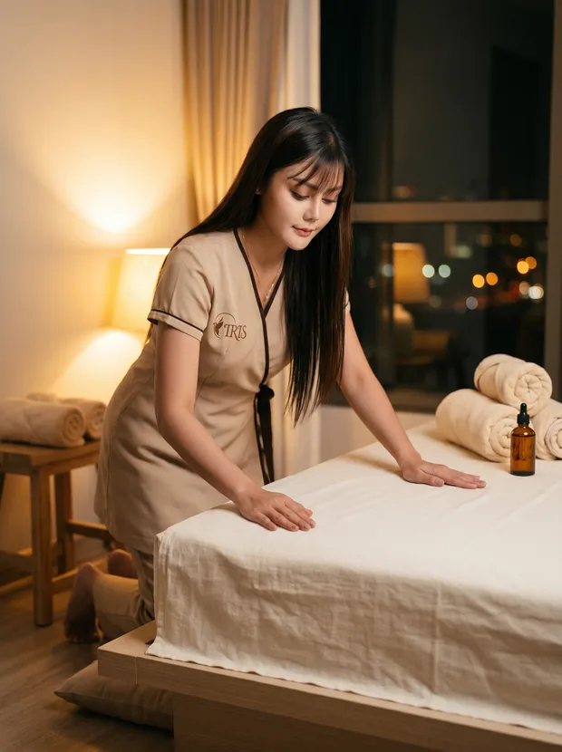 An Iris therapist smoothing fresh linen on the bed, preparing a dim bedroom for a session, lamp glowing