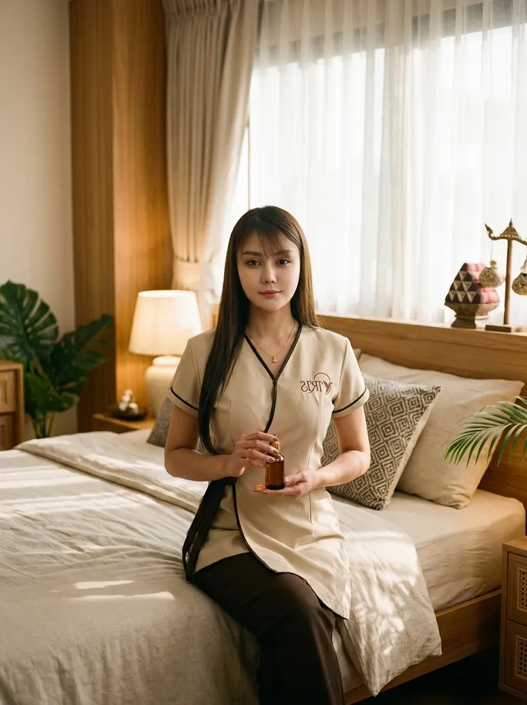 August, a licensed Iris home massage therapist, with warm oil in a warm Bangkok bedroom