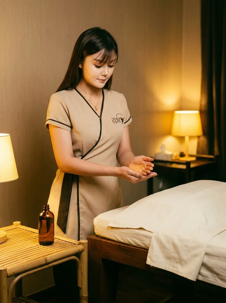An Iris therapist warming massage oil before an oil massage in a warm Bangkok bedroom