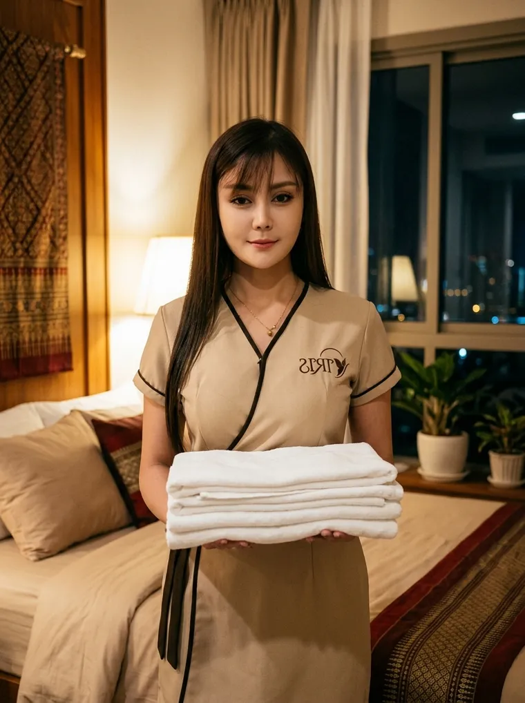 August, a licensed Iris home massage therapist, with fresh towels in a warm Bangkok bedroom