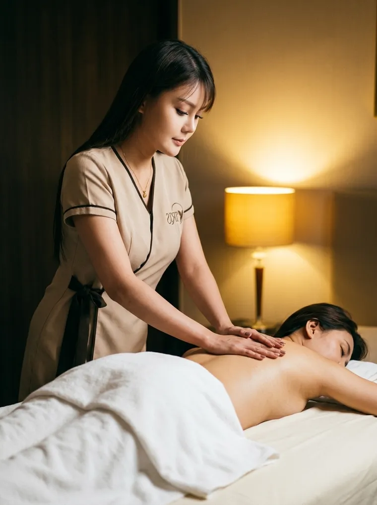 An Iris therapist performing a traditional Thai massage in a warm Bangkok bedroom