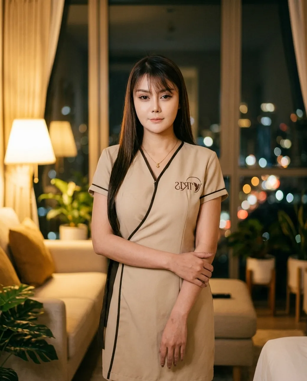 A licensed Iris home massage therapist in the cream uniform in a warm Bangkok home